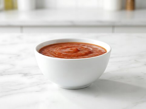Fresh red tomato sauce in a simple white bowl on a marble kitchen counter. marinara glaze