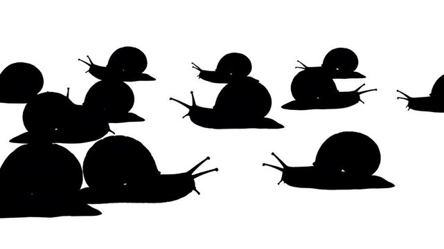 Multiple black silhouette snails crawling across a white background, motion graphic loop of nature and wildlife