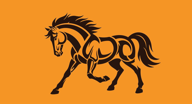 Stylized horse silhouette vector, galloping stallion tribal tattoo art, majestic equine animal logo on orange background, wild mustang mascot graphic