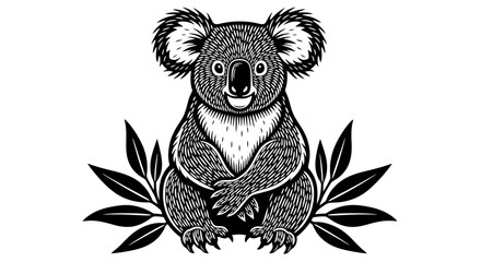 Vintage koala bear illustration, hand drawn woodcut style australian animal vector, black and white wildlife mascot with eucalyptus leaves © Chrome