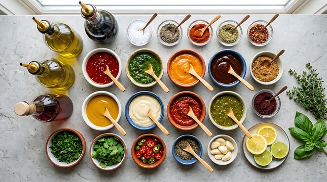 Many small bowls with various colorful sauces and dips with fresh herbs and olive oil bottles. restaurant condiment display