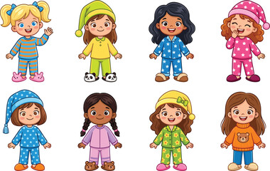 Cute cartoon little girls character set wearing colorful pajamas nightgowns sleepwear and nightcaps for pajama party bedtime vector illustration collection isolated on white background