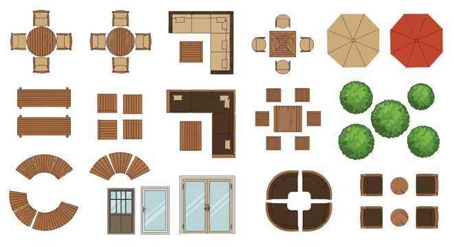 Outdoor patio furniture top view vector set, garden landscape design elements with tables and chairs, architectural floor plan symbols for terrace