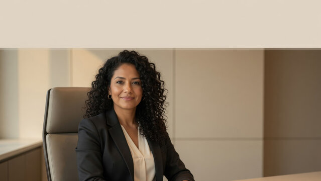 Business woman curly hair office chair neutral background modern office professional clothing confident expression mixed race medium shot indoor portraitprofessional portrait office concept