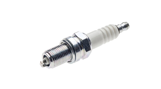 A new and shiny automotive spark plug, a critical component for internal combustion engines, shown on a bright white background. It ignites the air-fuel mixture.
