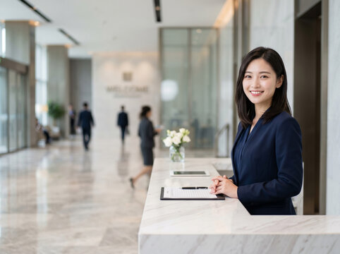 オフィスの受付カウンターで温かい笑顔を向けるビジネススーツを着た女性