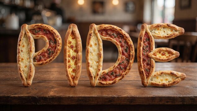 Small pizzas arranged shape word pizza wooden table triangular formation largest center smaller ones either si