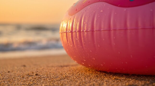 Pink inflatable ring with water droplets on sandy beach at golden hour sunset for summer vacation leisure travel advertising