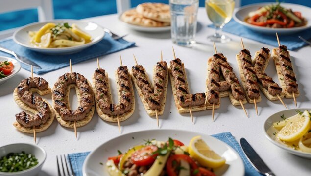 Table variety food items left side there plates pasta bowl salad center plate grilled meat skewers arranged sh