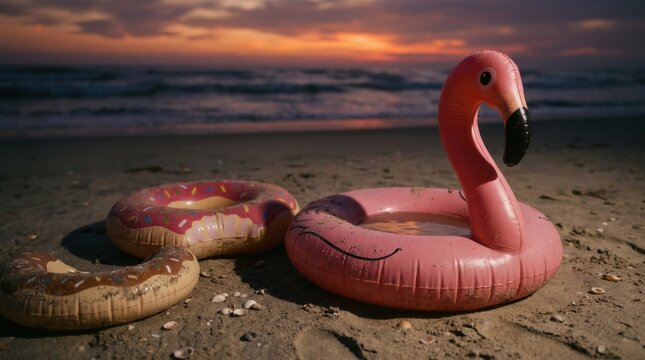 Inflatable Flamingo and Donut Pool Floats Resting on a Sandy Beach at Sunset for Tropical Vacation and Summer Leisure Advertising