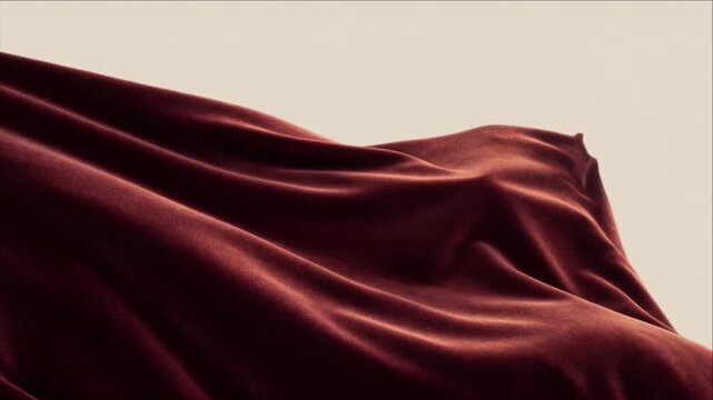 Cinematic macro velvet fabric surface texture background with soft flowing folds and elegant wave drape creating abstract luxury warm minimal art scene and rich fluid cloth curve backdrop
