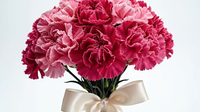 Close-up bouquet of pink and magenta carnations tied with a cream satin bow, elegant floral arrangement, motion graphic