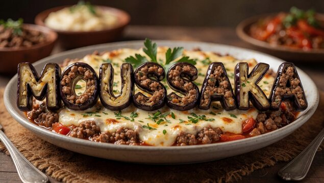 Plate moussaka traditional middle eastern dish white round placed wooden table woven placemat made layers grou