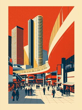 オレンジと紺色が印象的な近未来都市の歩行者デッキを描いたレトロ版画風ポスター