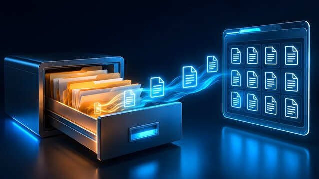 Data transformation journey: documents migrating from a traditional filing cabinet into a digital cloud archive, highlighting efficient and secure modern information management.