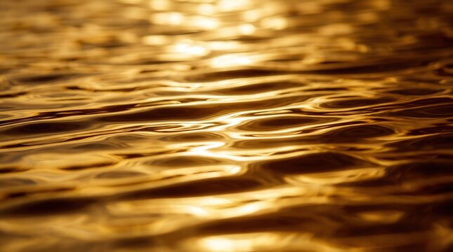Golden liquid ripples with metallic bronze highlights and fluid water texture. Warm amber tones reflect soft light with selective focus. Ideal for luxury cosmetic branding.
