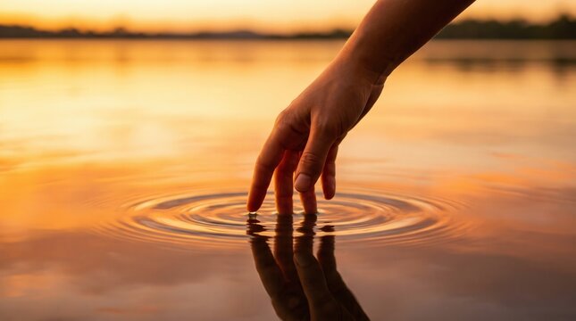Hand touching calm water surface creating ripples at golden hour sunset for wellness, mindfulness, and environmental conservation.