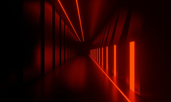 3D Red neon tunnel. Futuristic dark sci fi corridor with glowing red neon light strips and reflective floor background