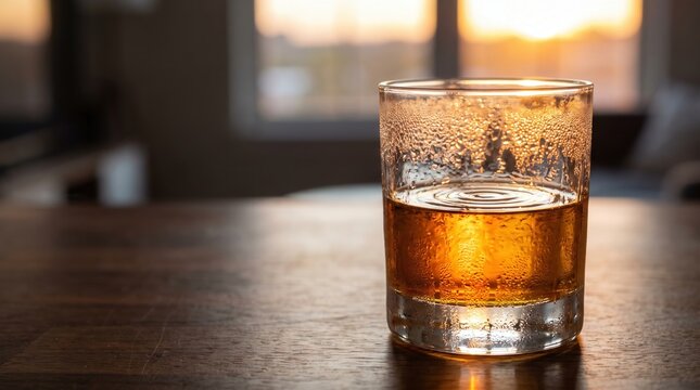 Glass of Amber Whiskey with Condensation and Ice on Rustic Wooden Table at Sunset Golden Hour for Spirits Advertising and Lifestyle Content