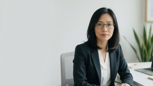 Confident asian businesswoman professional portrait office chair eyeglass black hair white shirt dark blazer modern office corporate leadership Confident asianprofessional portrait office concept