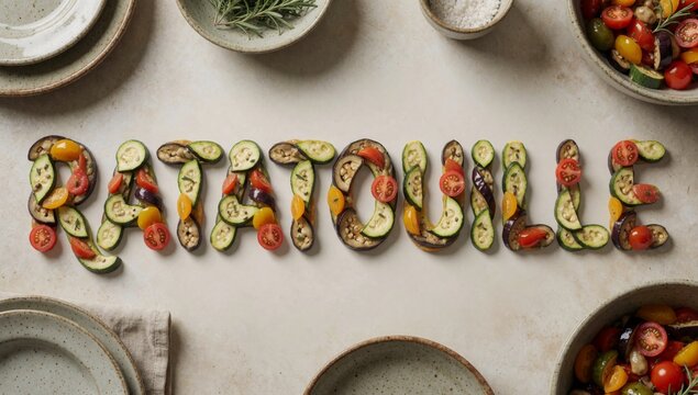Flat lay table various dishes utensils arranged shape word ravioli center made sliced zucchini cherry tomatoes