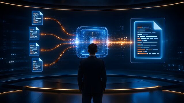 Executive overlooking a dynamic digital data transformation process, consolidating multiple source code files into a cohesive output on a futuristic screen.