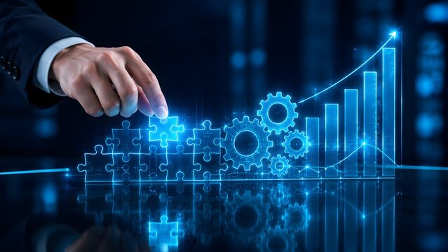 Hand integrating a glowing puzzle piece into a system of gears and a growing chart, illustrating strategic solutions, collaboration, and optimized business success.