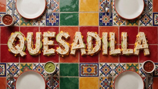 Word quesadilla spelled large colorful letters tiled background arranged way form playful font made different
