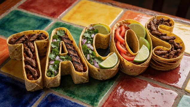 Tortillas arranged shape letter colorful mosaic tile table filled variety ingredients including shredded beef