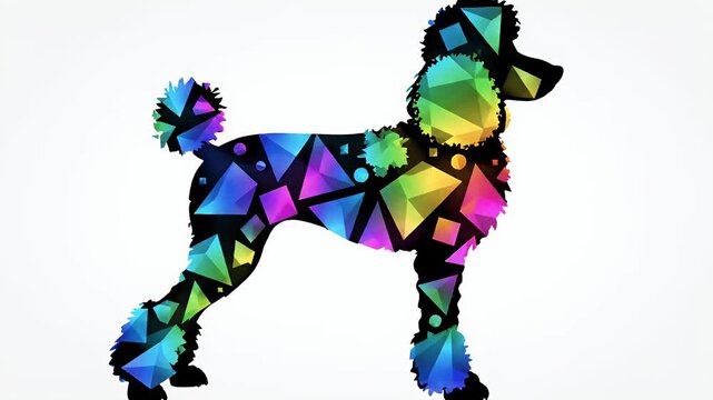 Geometric poodle silhouette filled with colorful rainbow gradient triangles, abstract modern pet art, playful dog design
