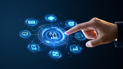 Fototapeta premium Human Hand Touching a Futuristic Blue Digital Interface Against a Dark Technology Background with Glowing Circular Dashboard and Connected Application Icons