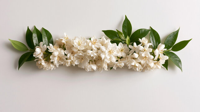 Delicate White Jasmine Flower Garland with Green Leaves Arranged Horizontally on a Clean White Background