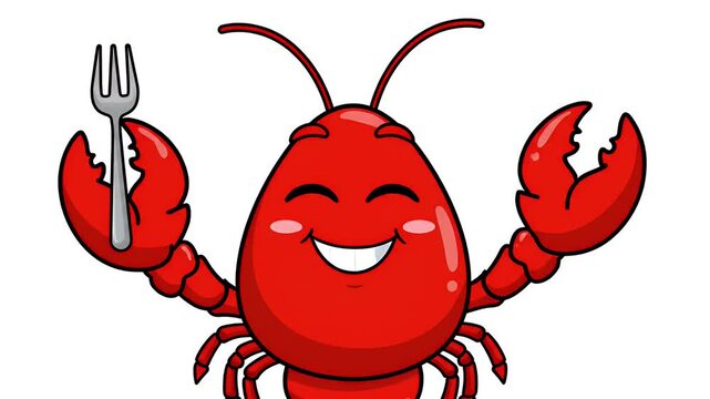 Cute cartoon lobster character holding a fork, animated food concept, happy seafood illustration