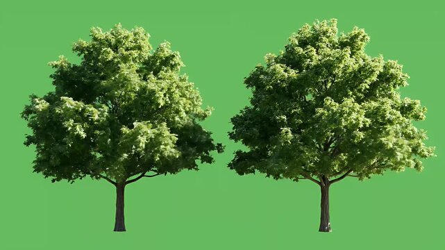 Two green trees with lush foliage isolated on a chroma key background, nature element