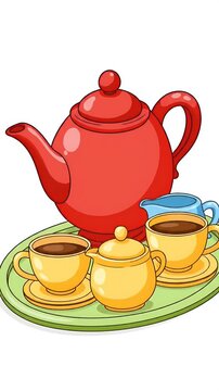Tea set with teapot, cups, sugar bowl and creamer, simple flat illustration, isolated on white