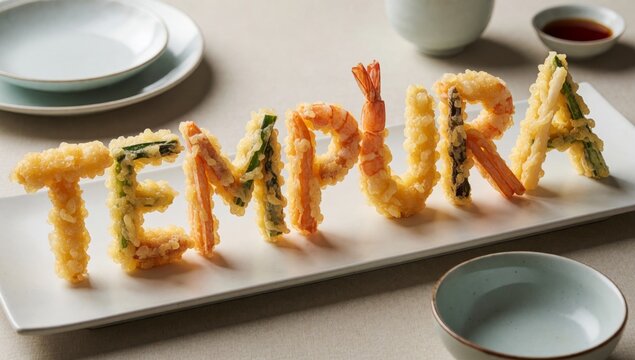 White rectangular plate word tempera spelled capital letters there several pieces tempura which type japanese