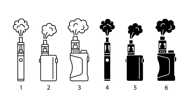 Vaping Devices Icons Vector Box Mod Pen Pod System Sub‑Ohm AIO E‑Cigarettes Colored Illustrations Structural Outlines Design Graphic Art Modern Concept