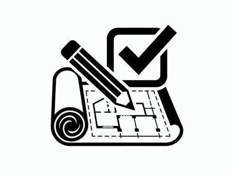 Pencil marking a check on a rolled architectural blueprint signifies the approval of construction plans or the finalization of design development.