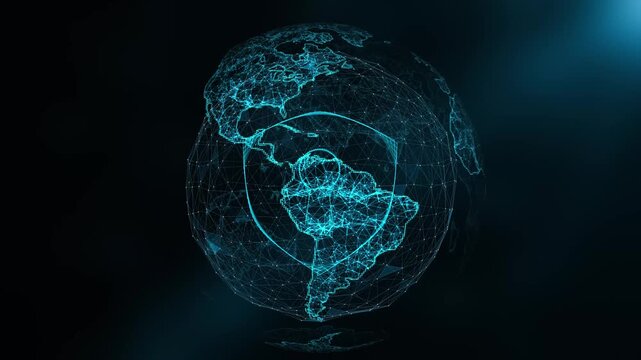 Digital network global cybersecurity protection hologram with map data protection with glowing network nodes and blue light
