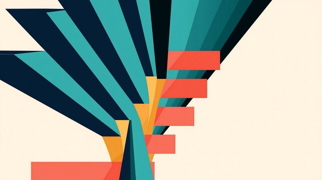 Abstract geometric fan shape with layered rectangles in teal, navy, orange, and yellow tones