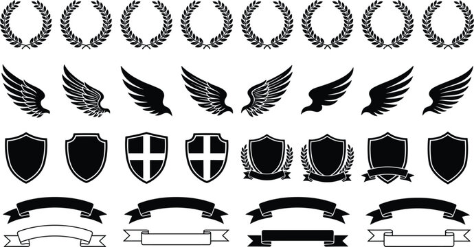 Heraldic design elements set featuring laurel wreaths wings shields and ribbon banners vector isolated white background graphic design