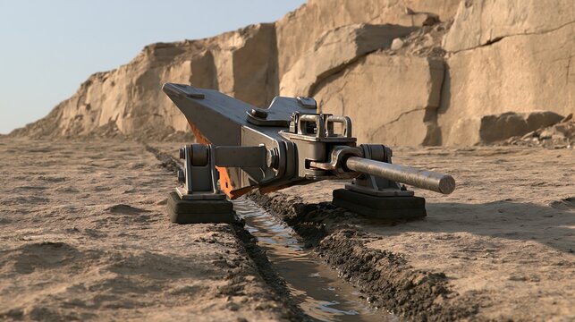 Heavy duty metal trenching machine cutting a narrow channel in dry earth at a quarry site