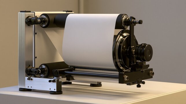 Industrial paper roll feeding machine with metal rollers and paper sheet