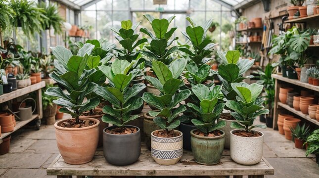 Collection of healthy fiddle leaf fig plants in ceramic pots for botanical nursery, indoor gardening, tropical decoration and interior landscape concepts