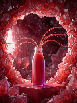 strawberry juice Splashing from Glass Bottle in Ruby Crystal Cave