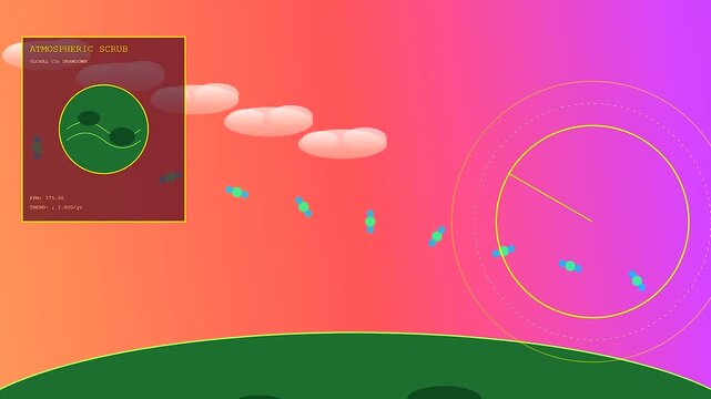 Innovative carbon sequestration metrics displaying atmospheric data analytics on a digital interface screen with glowing particles moving across a vibrant sunset gradient color scheme landscape