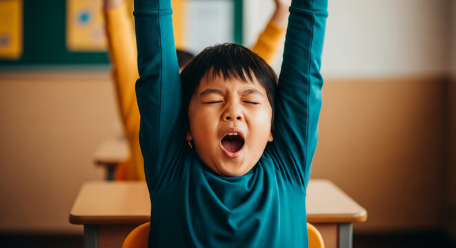 Tired Asian boy yawning and stretching with arms up in a classroom setting during school hours, representing boredom or exhaustion in primary education.