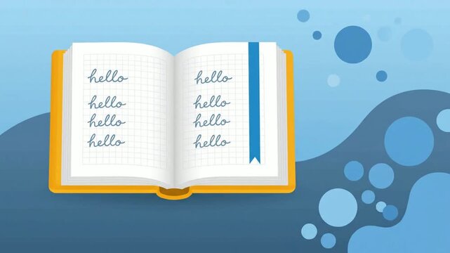 Open notebook with handwritten hello text animation, minimalist blue background, education and communication concept motion