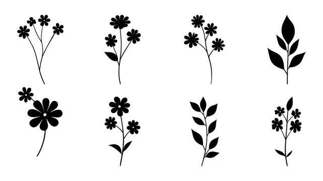 Collection of Black Silhouette Flower Illustrations for Design.
