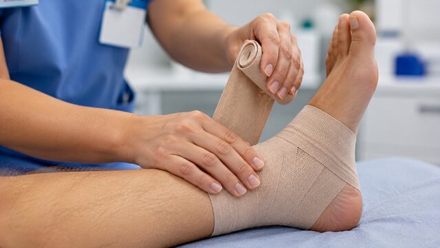 Doctor hands wrapping a patient's injured ankle with an elastic medical bandage.